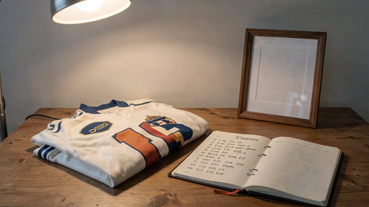 A desk lit by an overhead lamp with a folded vintage football shirt beside a notebook listing numbers and dates, framed square and close.