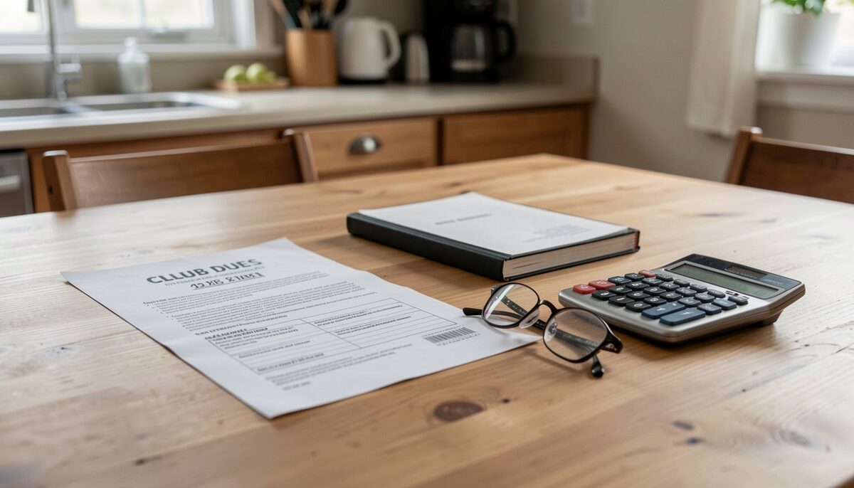 A kitchen table covered with a club dues notice, a checkbook and a calculator beside a pair of reading glasses.