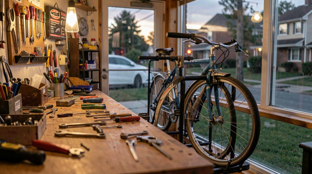 A quiet bicycle repair stand in a neighbourhood shop at dusk, workbench tools and a single city bike on the rack, warm tungsten light, shallow depth of field, shot from the counter's point of view
