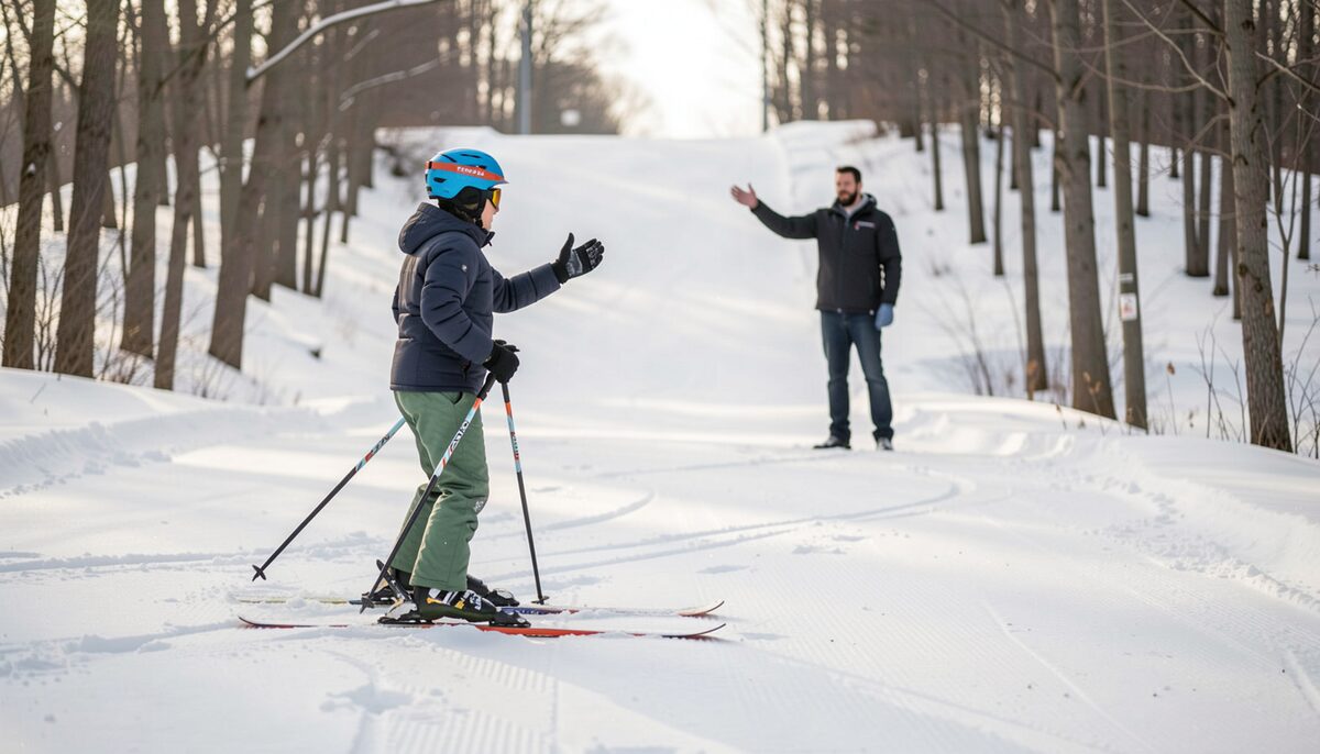 A beginner in a helmet and rental skis standing on a gentle learning slope while an instructor gestures downhill, deep packed snow covering the whole slope, bare trees and a small lift behind, mid-winter, no bare ground No lettering, no numbers, no screen, no signboard on any surface.