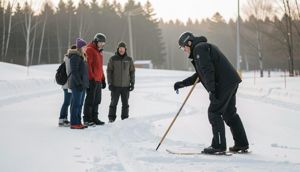 A small group of adults standing in a line on a groomed run while an instructor draws a turn shape in the snow with a pole.