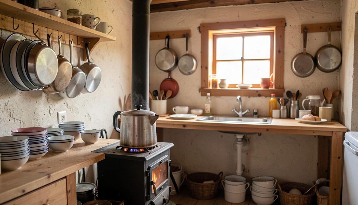 A communal lodge kitchen at breakfast, a steel coffee pot on a wood stove, stacked enamel bowls and mismatched pans on a rack, morning light through a small window No lettering, no numbers, no screen, no signboard on any surface.