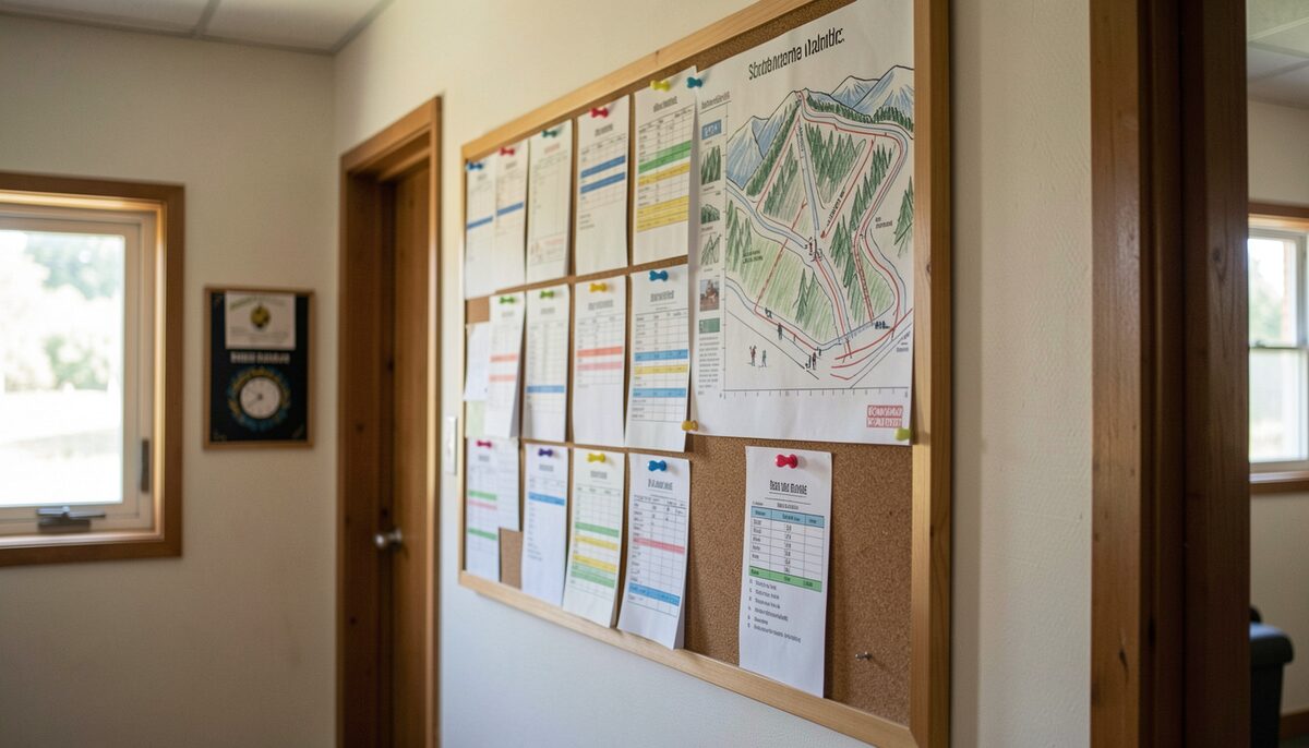 A noticeboard in a clubhouse hallway pinned with paper schedules and a hand-drawn map of a ski area.