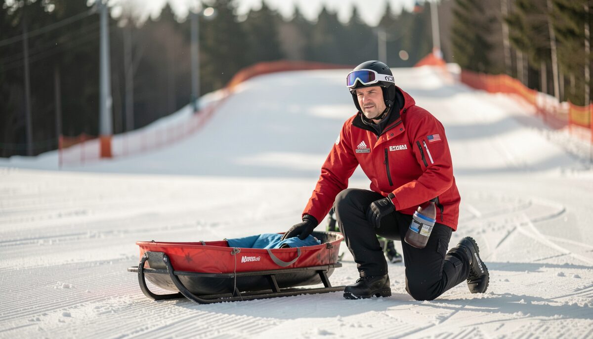 A ski patroller in a red jacket kneeling beside a toboggan at the edge of a groomed run.