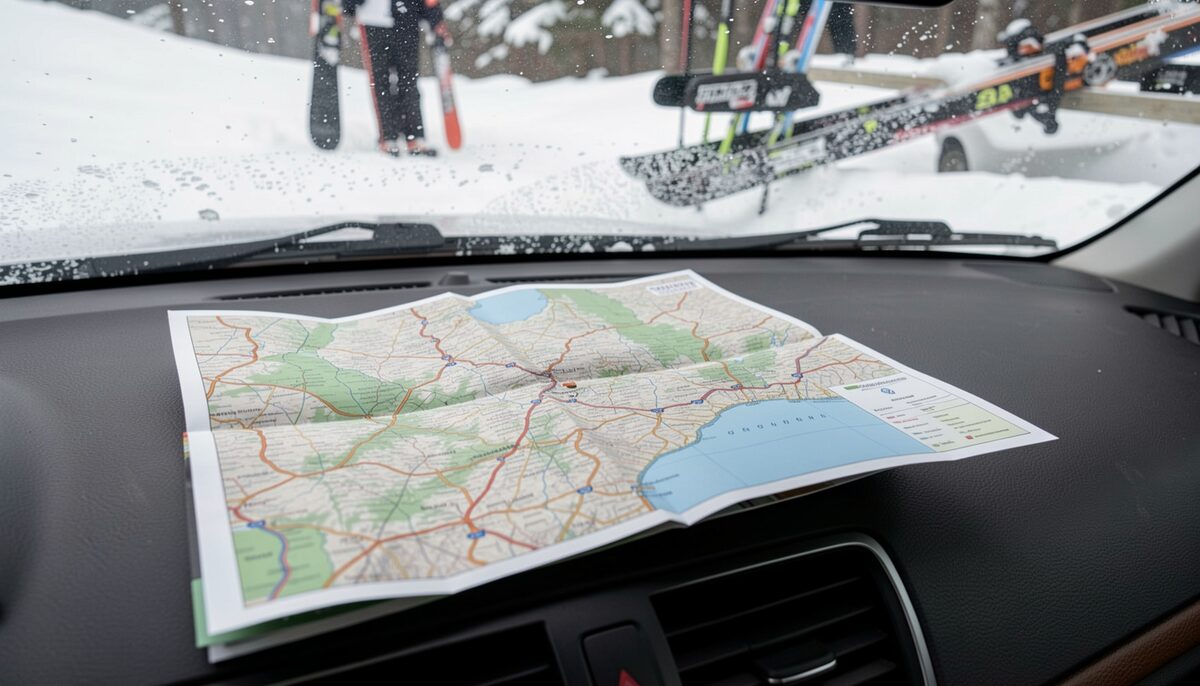 A folded paper road map on a car dashboard with snow on the windshield and ski racks visible above.