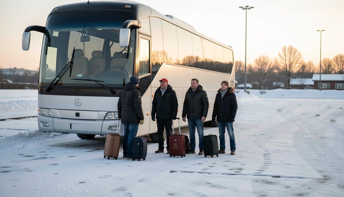 A group of adults with luggage standing beside a coach bus in a snowy parking lot at first light.