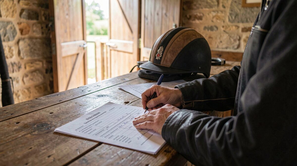 A rider filling in a registration form at the wooden reception desk of a small Cévennes riding club, soft morning light through an open stable door, close framing on hands, paperwork and a riding helmet