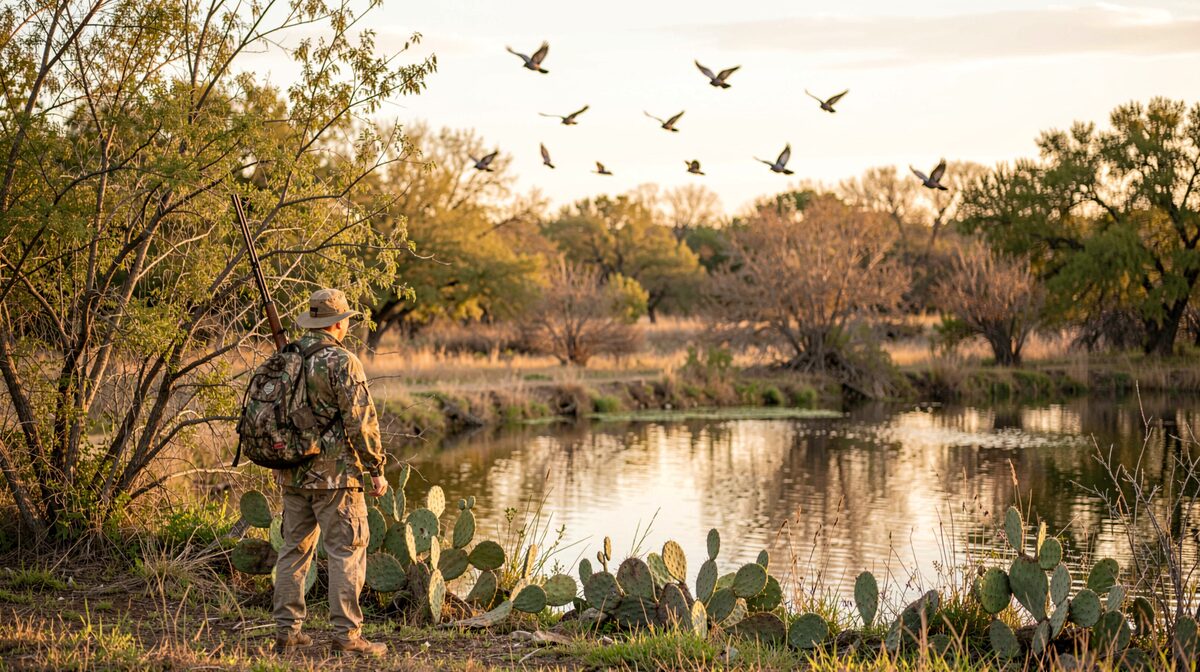 A hunter standing beside a stock pond at golden hour in South Texas brush country, mesquite and prickly pear around, doves crossing overhead, wide landscape framing